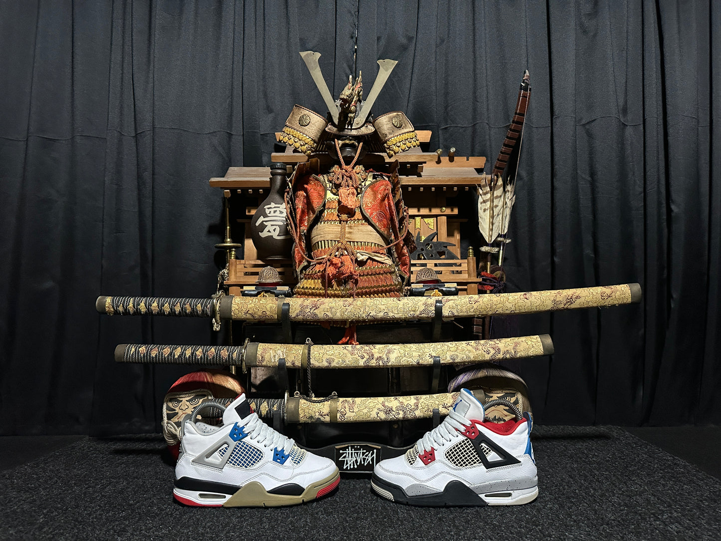 Nike Air "JORDAN 4" (WHAT THE) "WHITE MILITARY BLUE FIRE RED BLACK CEMENT GREY" Low