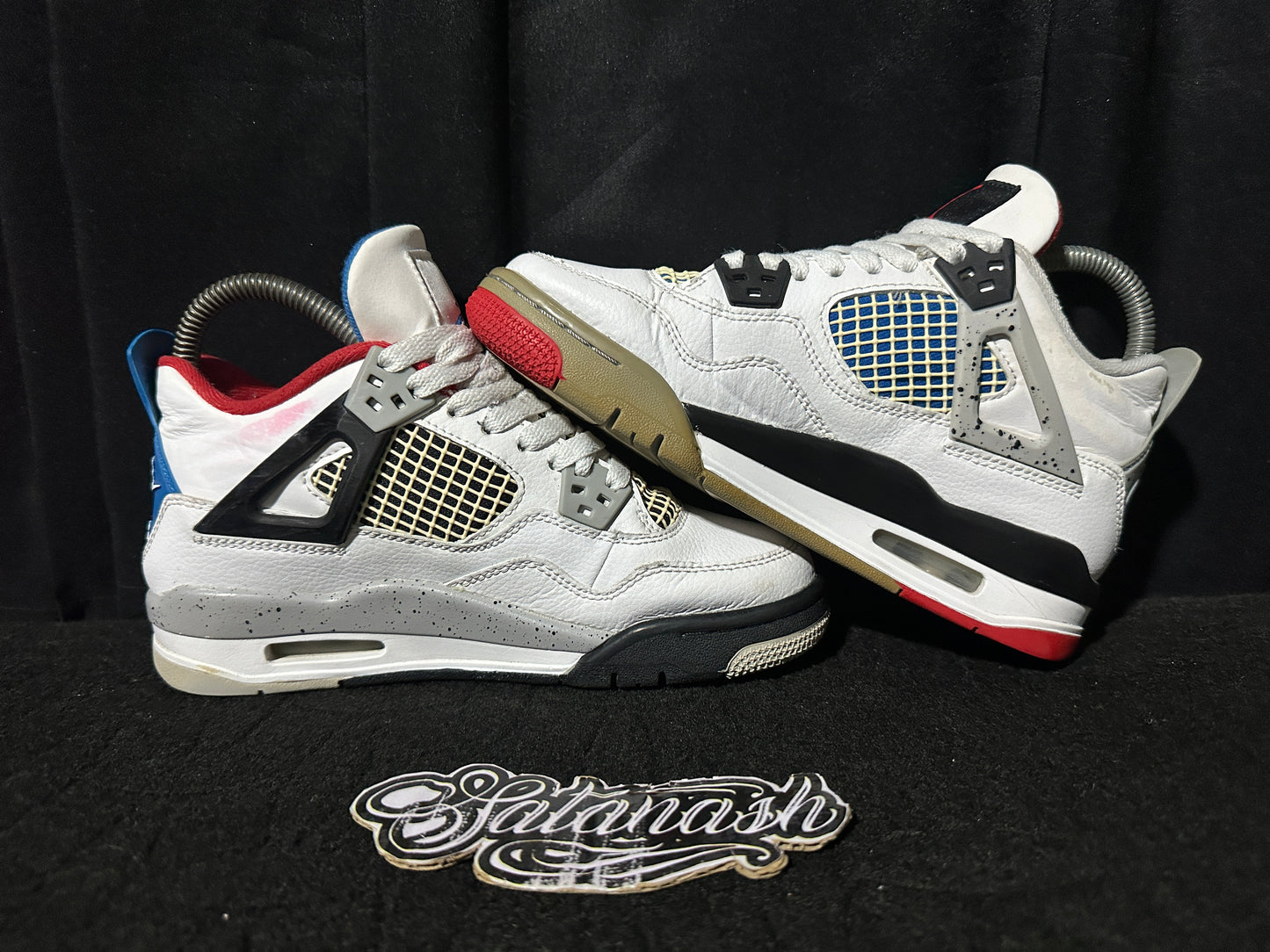 Nike Air "JORDAN 4" (WHAT THE) "WHITE MILITARY BLUE FIRE RED BLACK CEMENT GREY" Low