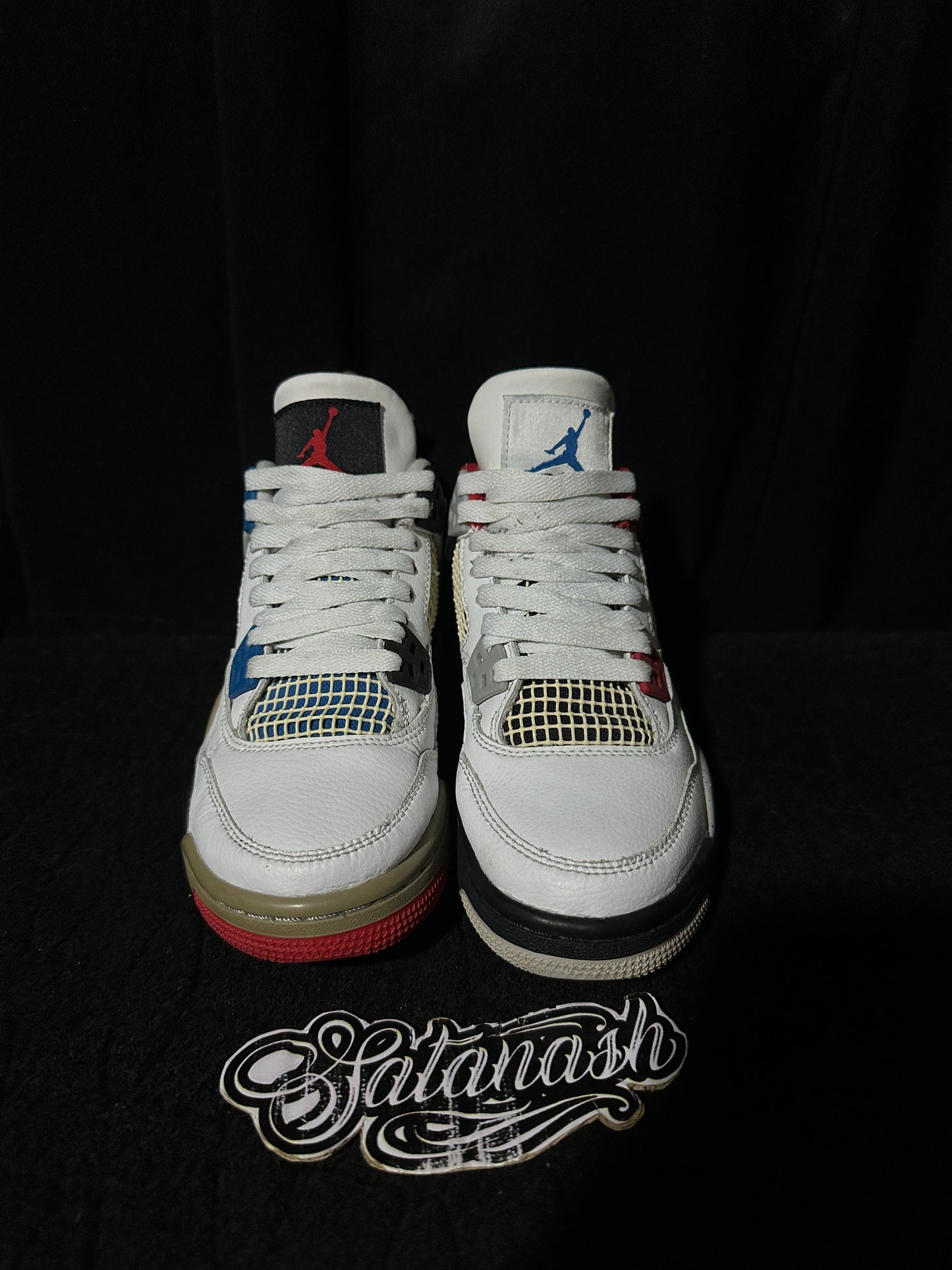 Nike Air "JORDAN 4" (WHAT THE) "WHITE MILITARY BLUE FIRE RED BLACK CEMENT GREY" Low