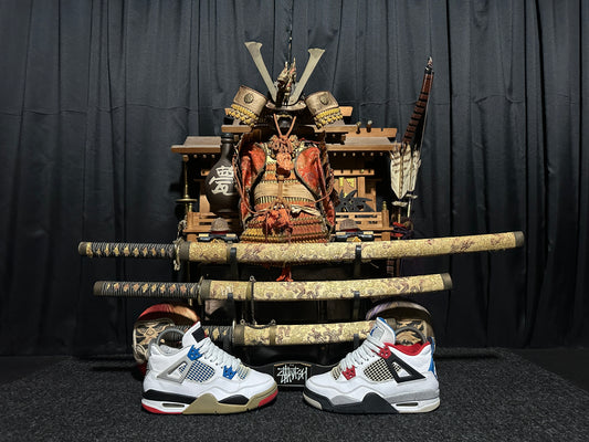 Nike Air "JORDAN 4" (WHAT THE) "WHITE MILITARY BLUE FIRE RED BLACK CEMENT GREY" Low